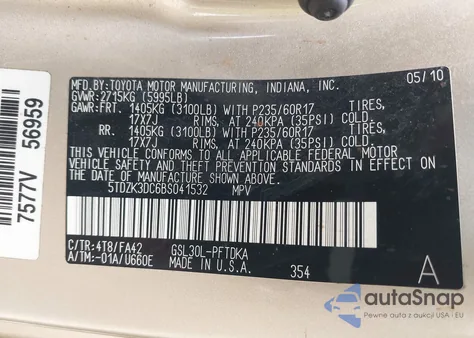 2011 Toyota Sienna Base V6 из США, поврежденный, VIN 5TDZK3DC6BS041532